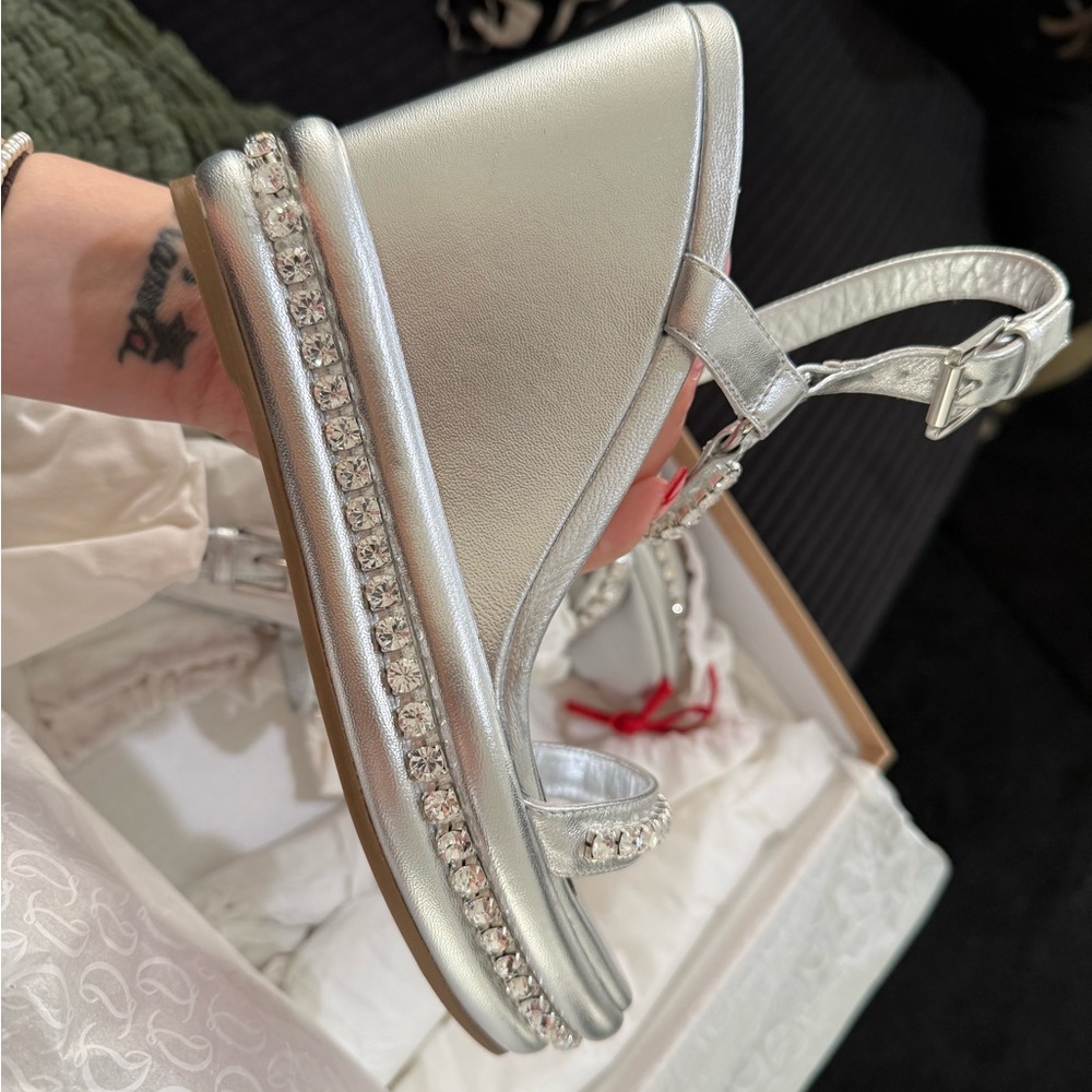 Red bottoms Saks Fifth Avenue Silver Wedge Sandals